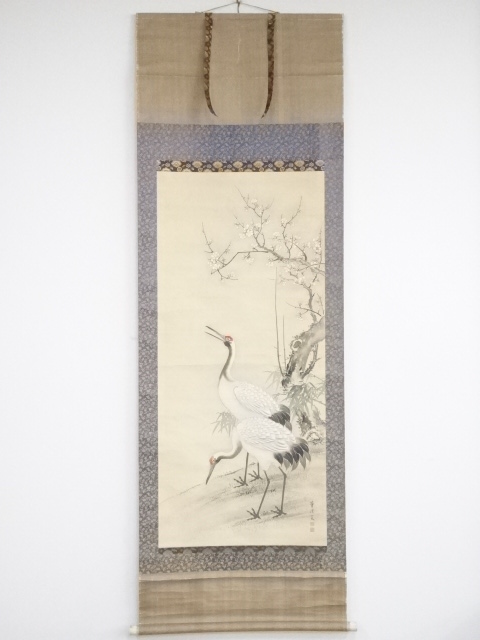 JAPANESE HANGING SCROLL / HAND PAINTED / PINE & CRANE